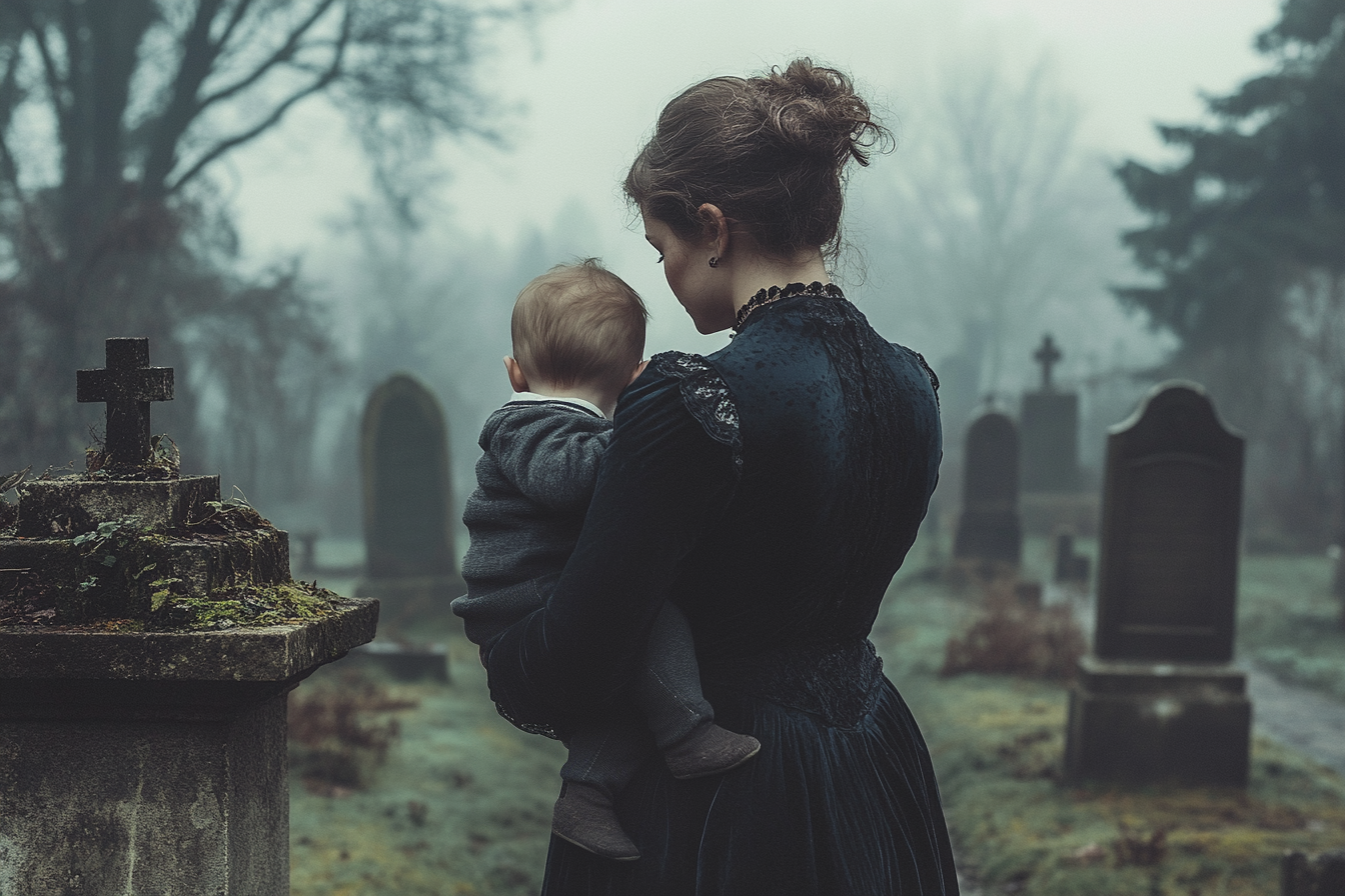 A grieving woman carrying a toddler and standing in a cemetery | Source: Midjourney