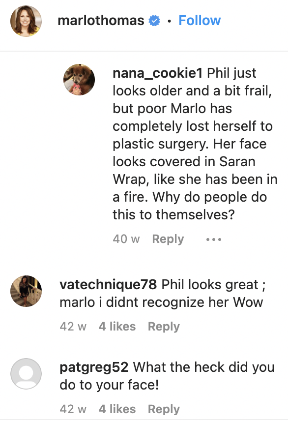 Fan comments on Marlo Thomas' Instagram post of herself and her husband, Phil Donahue, in Bermuda on June 3, 2022 | Source: Instagram/marlothomas