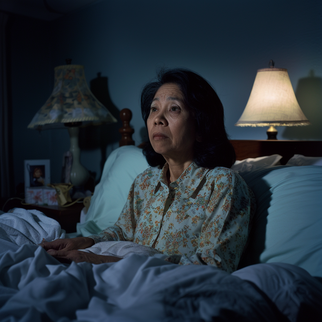 A woman sitting on her bed | Source: Midjourney