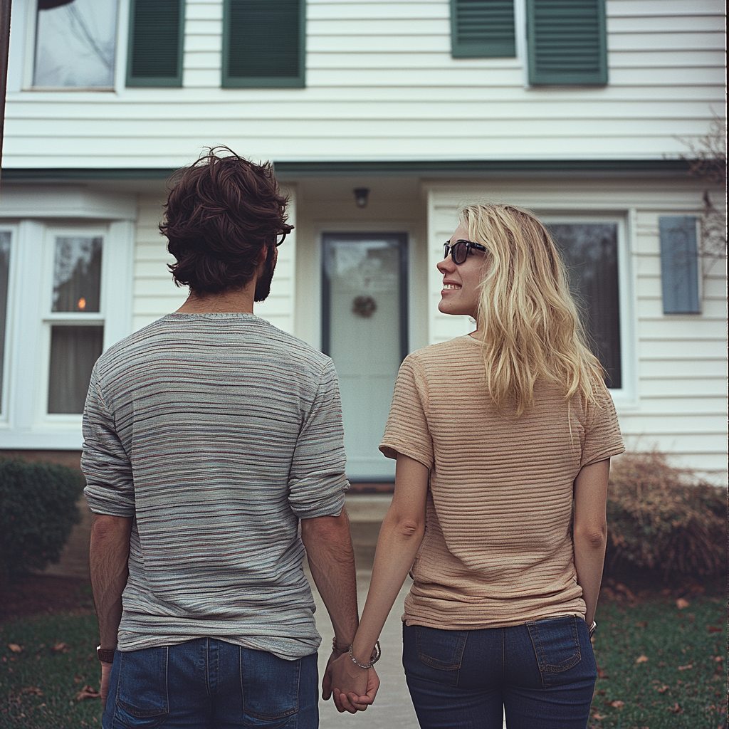 A couple standing by a closed door | Source: Midjourney