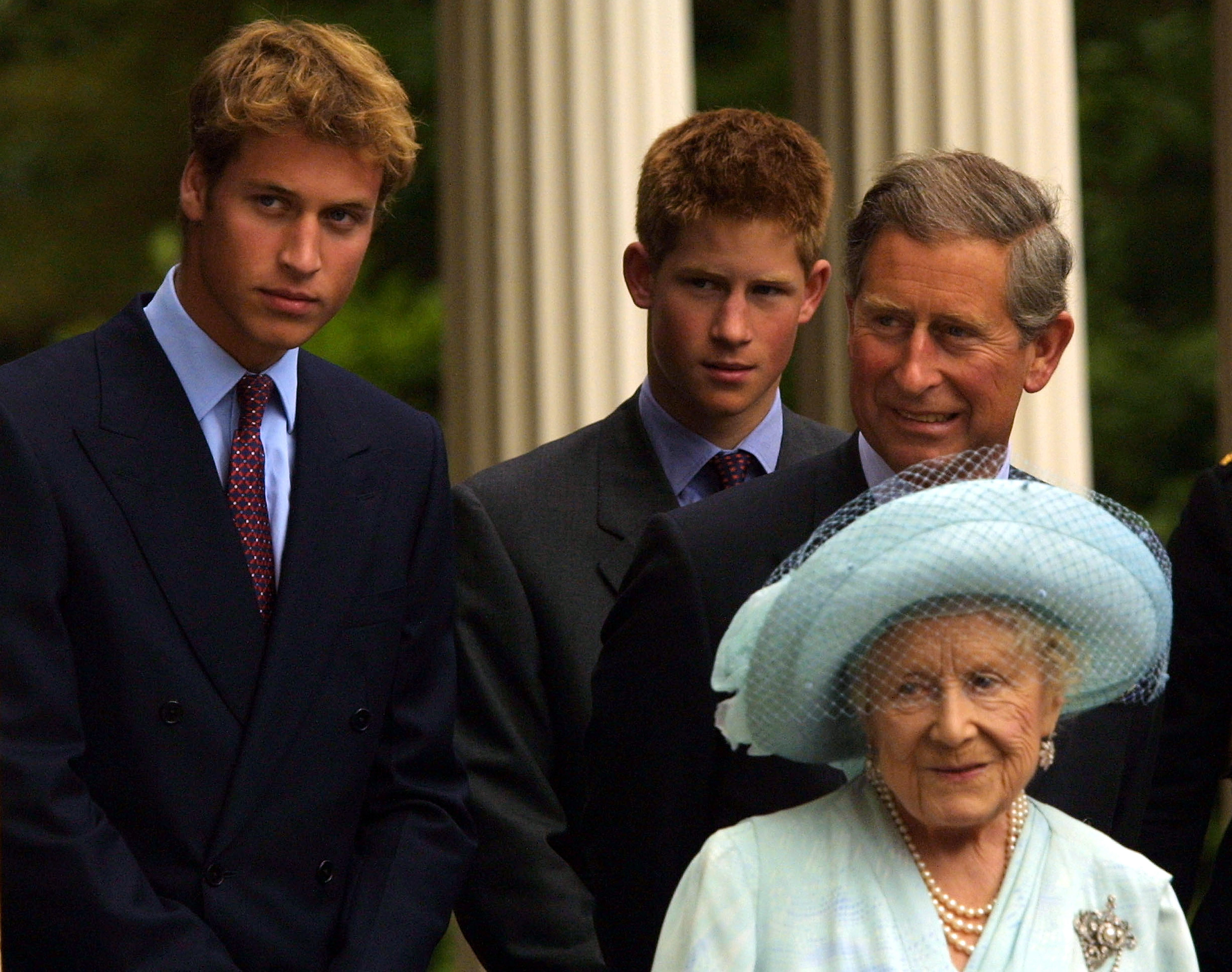 Prince William, Prince Harry, King Charles III and the Queen Mother, Elizabeth Bowes-Lyon during her 101st birthday celebrations in London, England on August 4, 2001 | Source: Getty Images