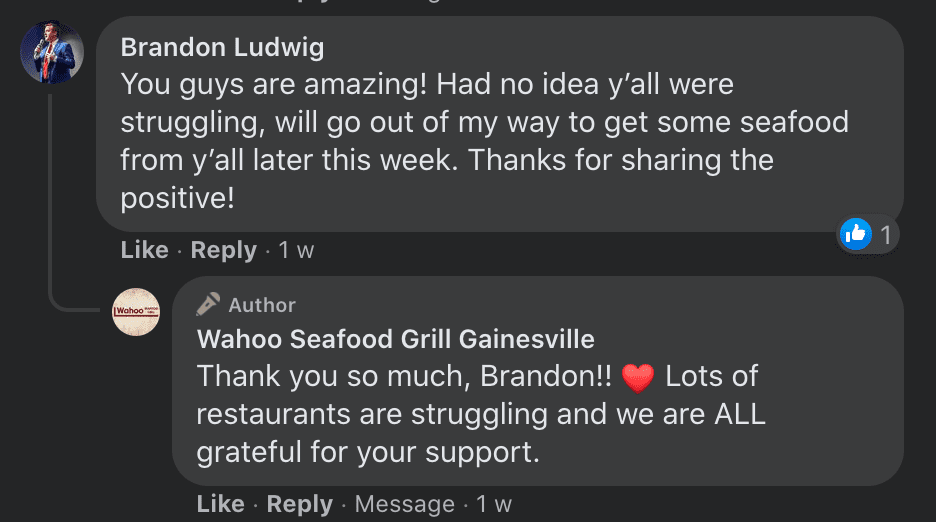 An online user interacts with a restaurant that recently received a big tip and the user pledges to visit the establishment soon | Photo: Facebook/Wahooseafoodgrilltally