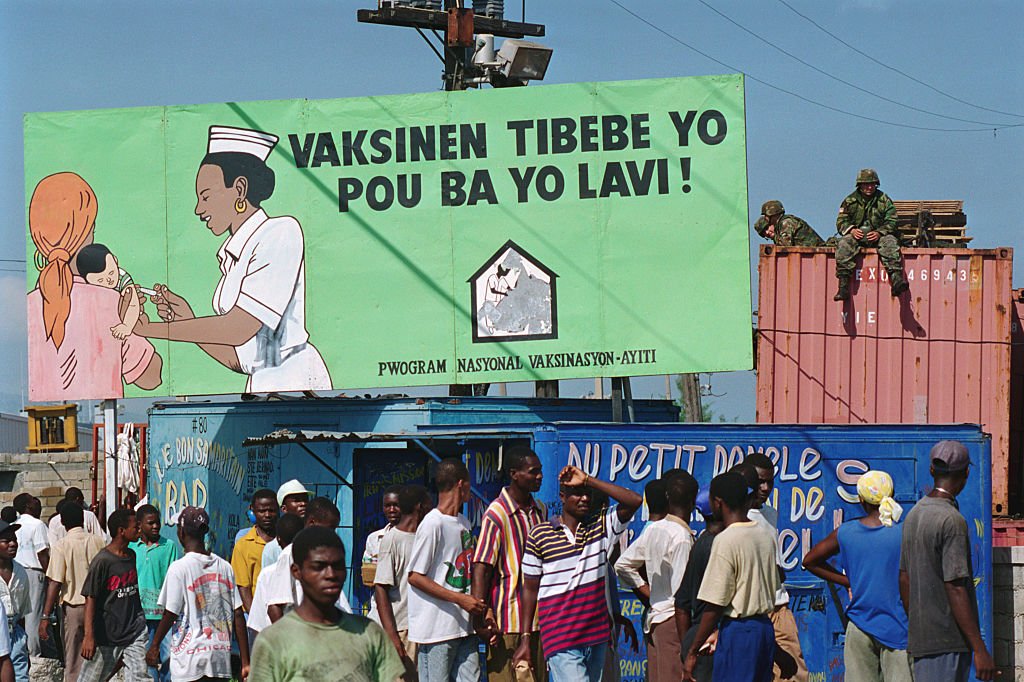 Sign encouraging the vaccination of children, Haiti, circa 1990s | Source: Getty Images 
