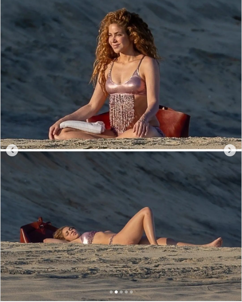 Shakira in a metallic pink swimsuit seen relaxing on a beach in Mexico ahead of her shows from a post dated August 22, 2025 | Source: Instagram/pagesix