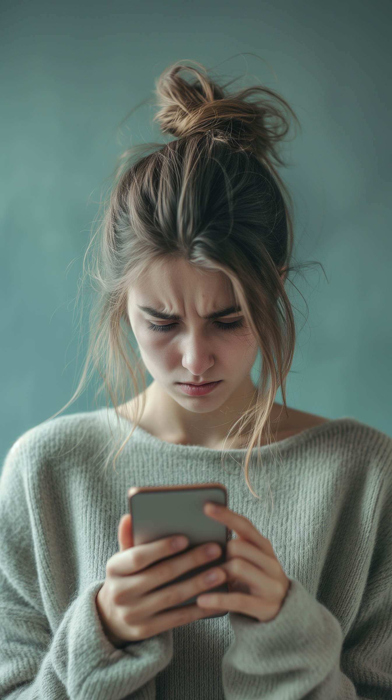 A woman feels both angry and sad while looking at her smartphone | Source: Midjourney