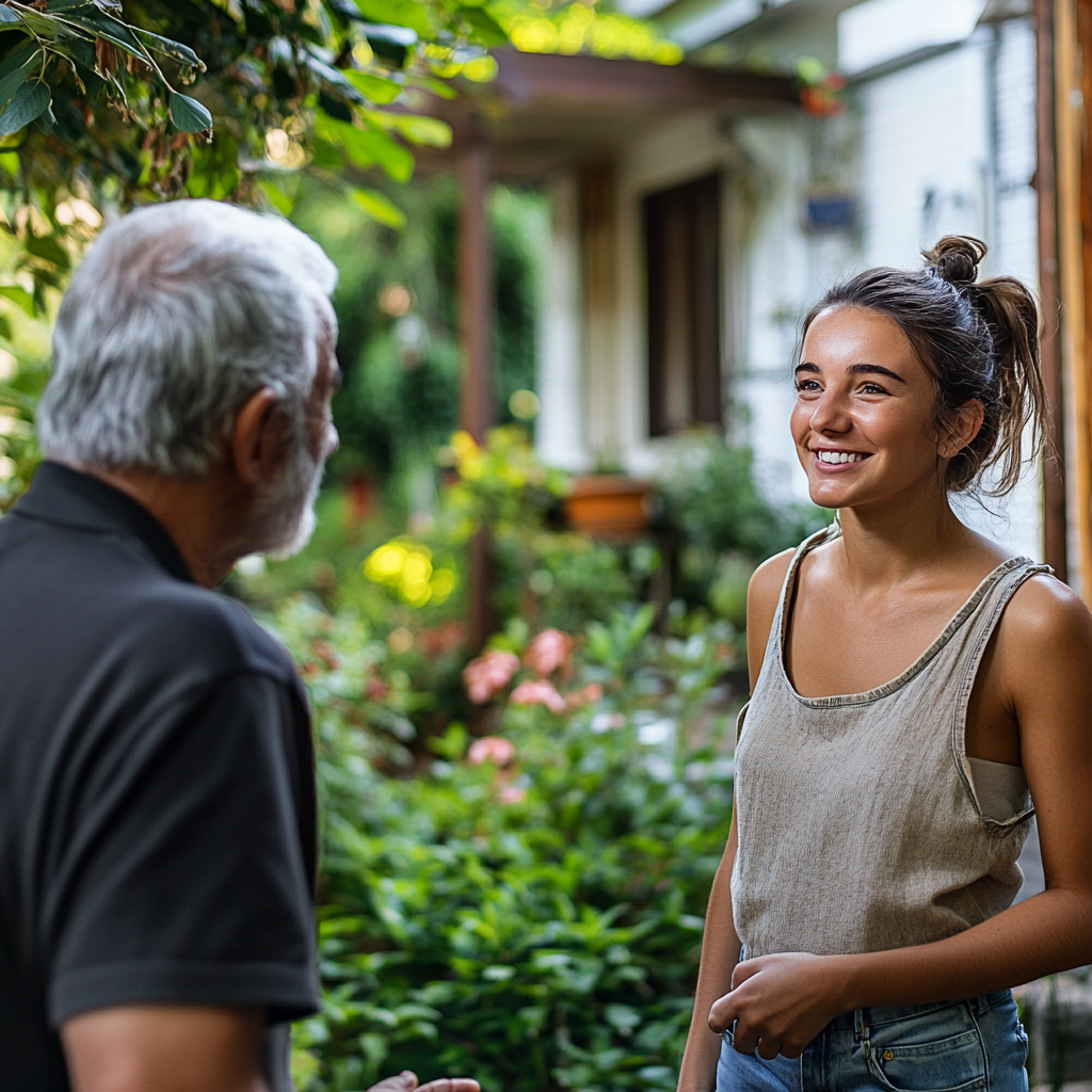 Mandy talking to her neighrbor | Source: Midjourney