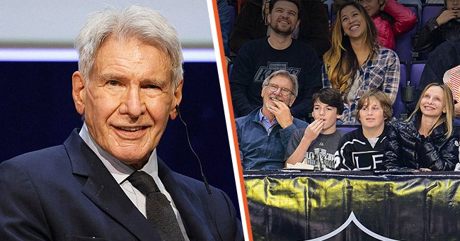 Harrison Ford, Liam Flockhart and Calista Flockhart during a hockey game between the Carolina Hurricanes and the Los Angeles Kings at Staples Center on March 1, 2014 in Los Angeles, California. | Source: Getty Images