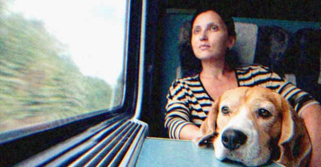 A woman looking out the train with her dog. | Source: Shutterstock