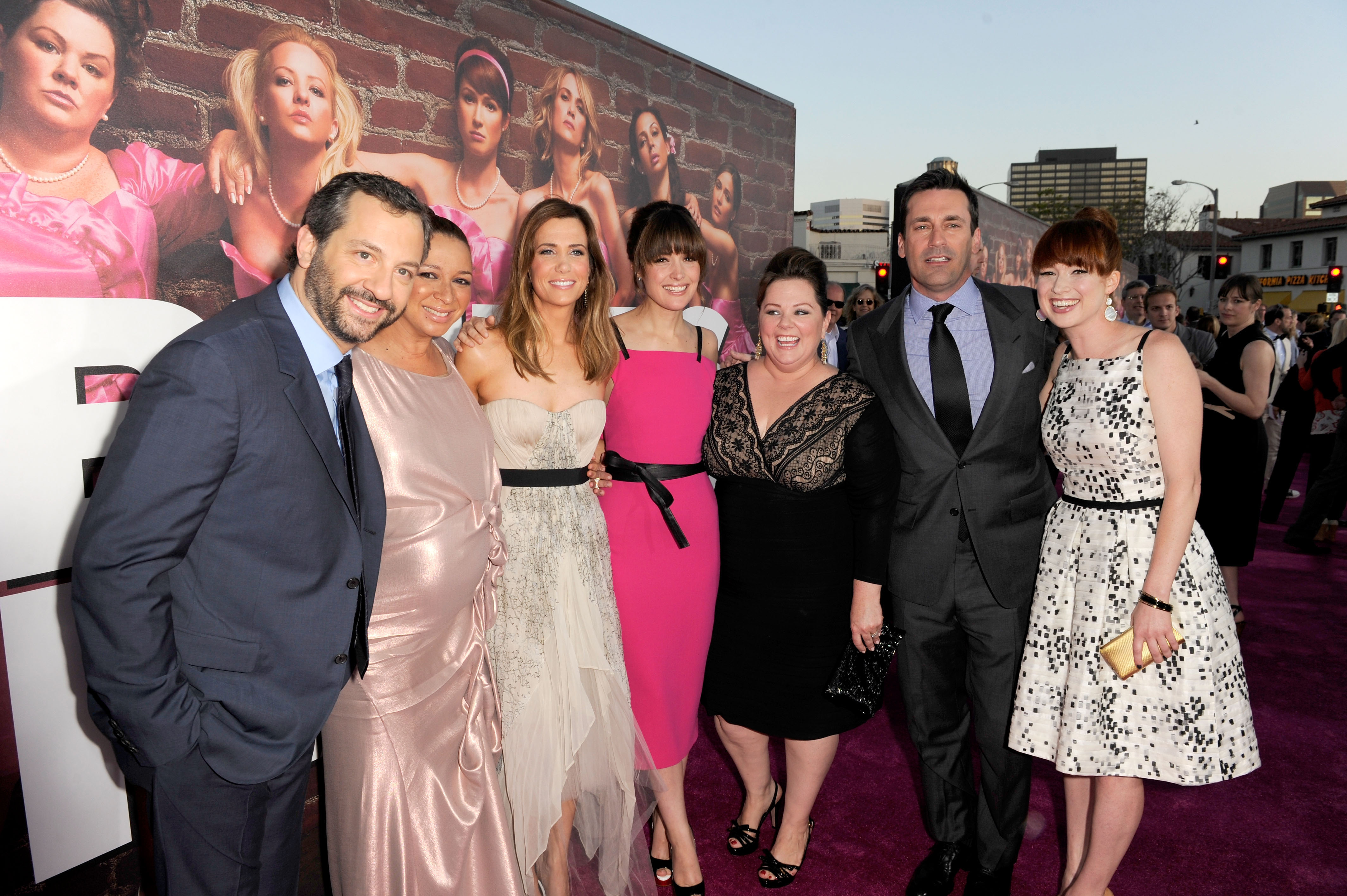 Judd Apatow, Maya Rudolph, Kristen Wiig, Rose Byrne, Melissa McCarthy, Jon Hamm, and Ellie Kemper arrive at the premiere of Universal Pictures' "Bridesmaids" held at Mann Village Theatre on April 28, 2011, in Los Angeles, California. | Source: Getty Images