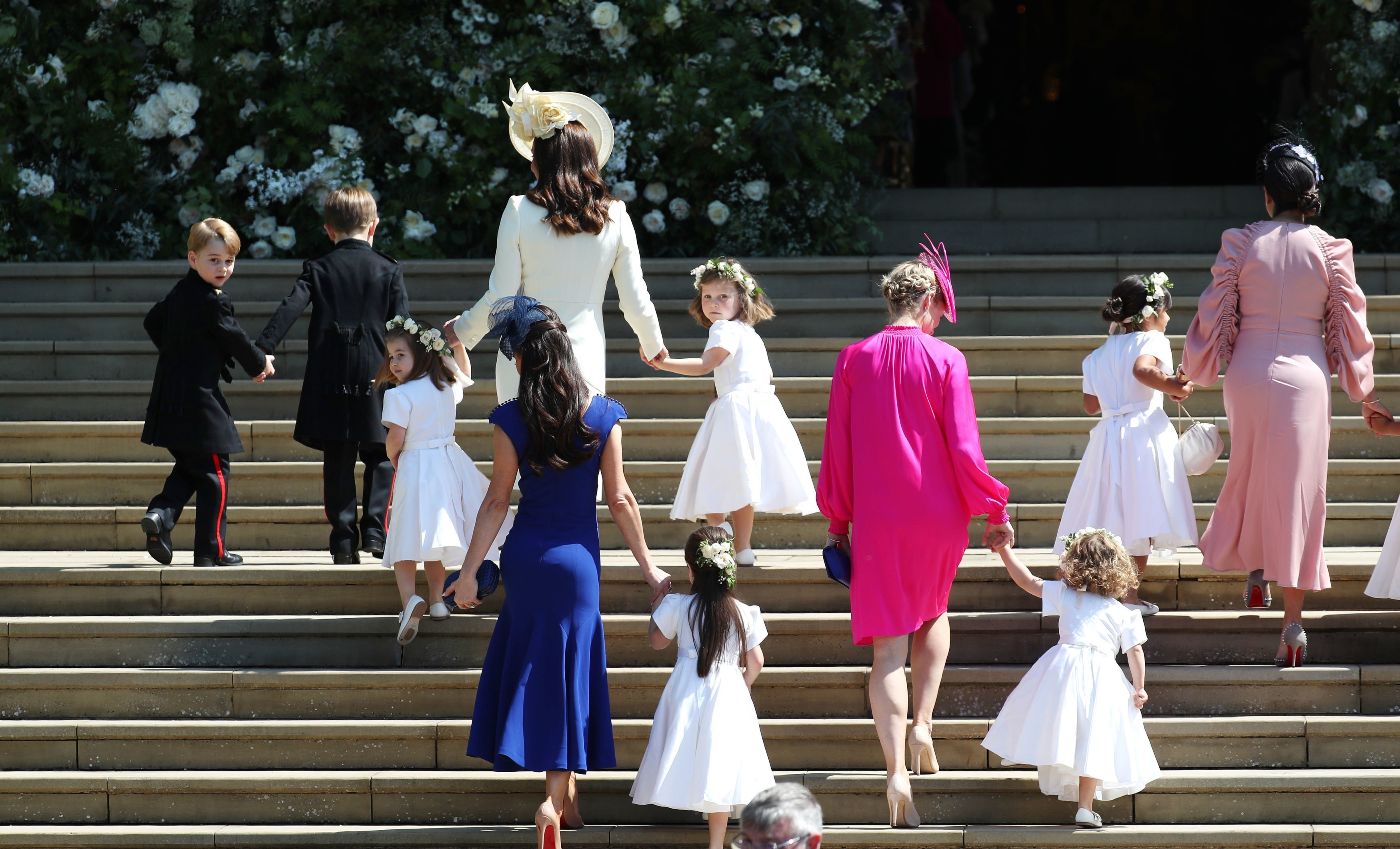 Catherine, Duchess of Cambridge, Jessica Mulroney,  Zalie Warren, and the other bridesmaids and pages arrive at St George's Chapel at Windsor Castle for the wedding of Prince Harry and Meghan Markle | Photo: GettyImages