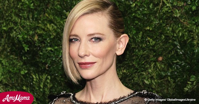 Cate Blanchett flashes slender body in a flesh-coloured frock featuring intricate blue scales