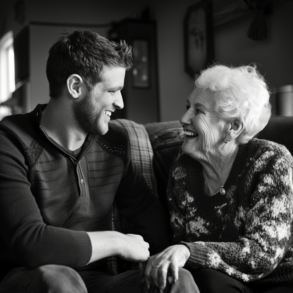 A man chatting with his grandma at home | Source: Midjourney