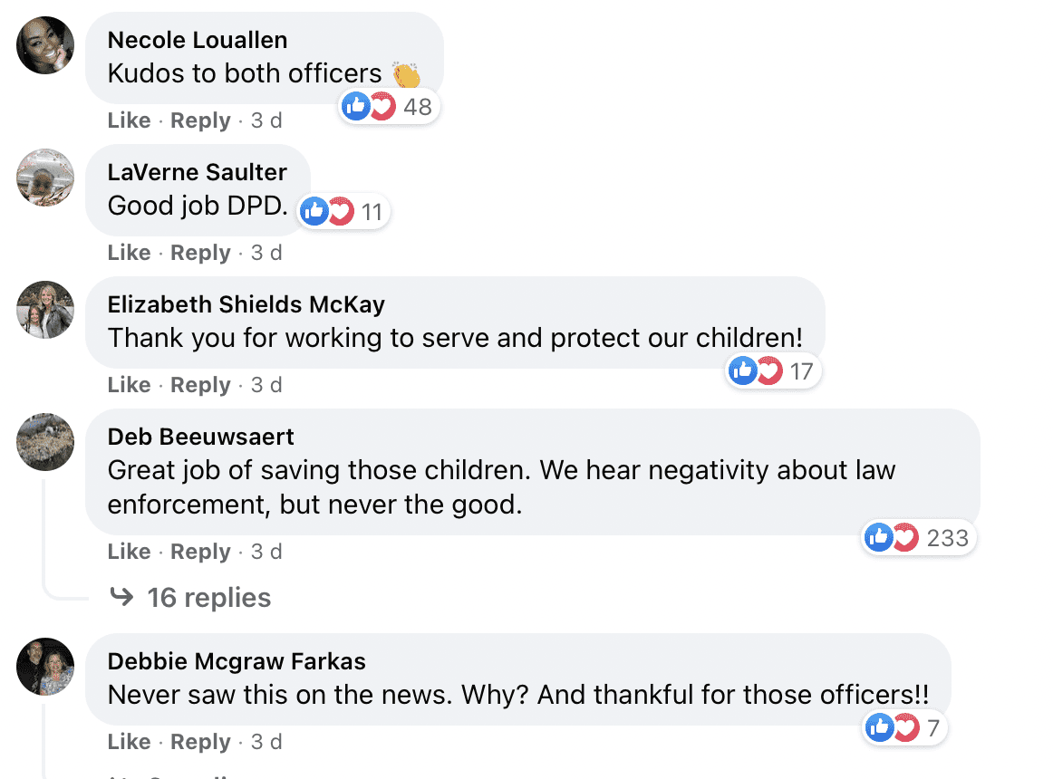 Les internautes laissent des commentaires réconfortants sur le message en ligne concernant les deux policiers de Detroit qui ont sauvé quatre enfants enlevés. | Photo : facebook.com/Eighth-Precinct-Community
