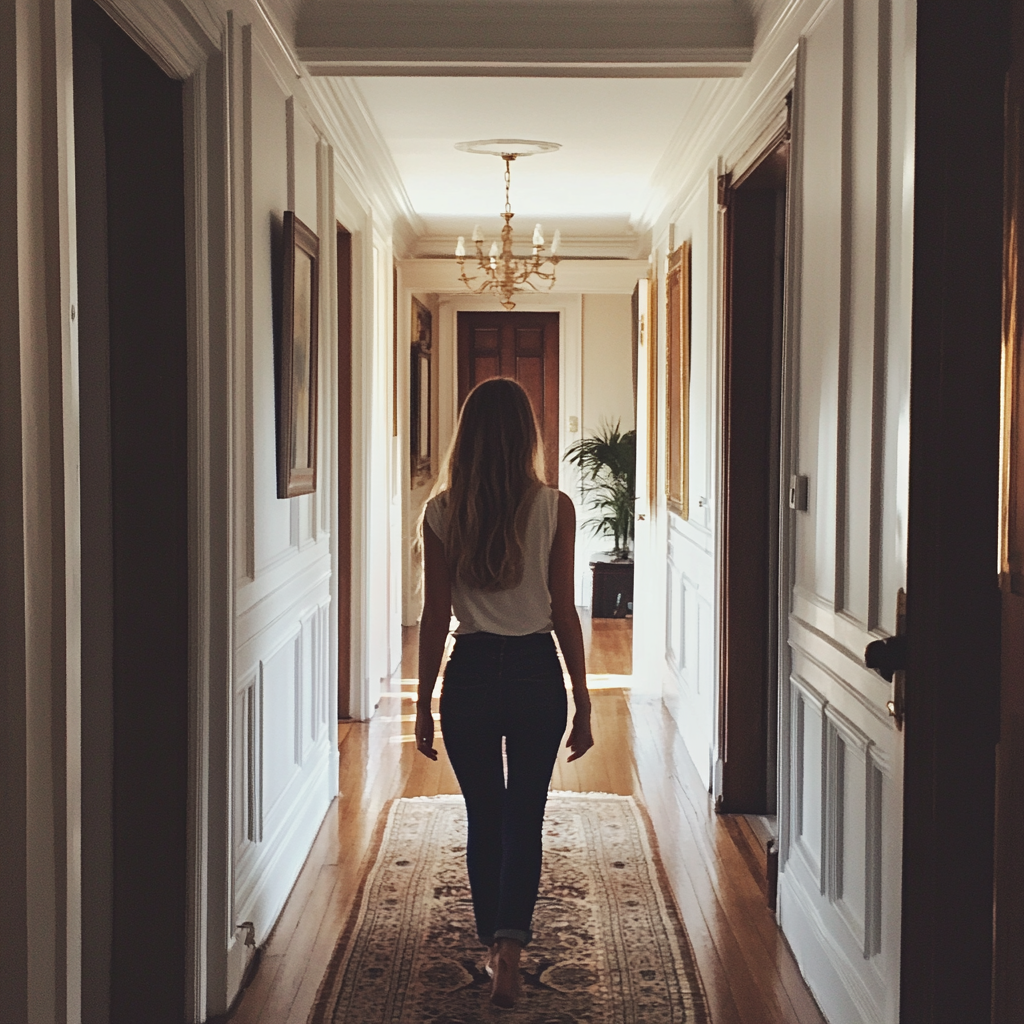 A woman walking down a hallway | Source: Midjourney