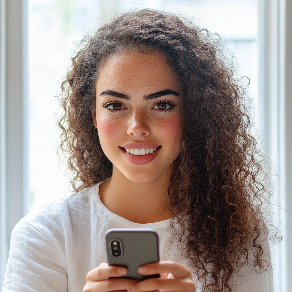 Uma mulher alegre segurando seu telefone | Fonte: Midjourney