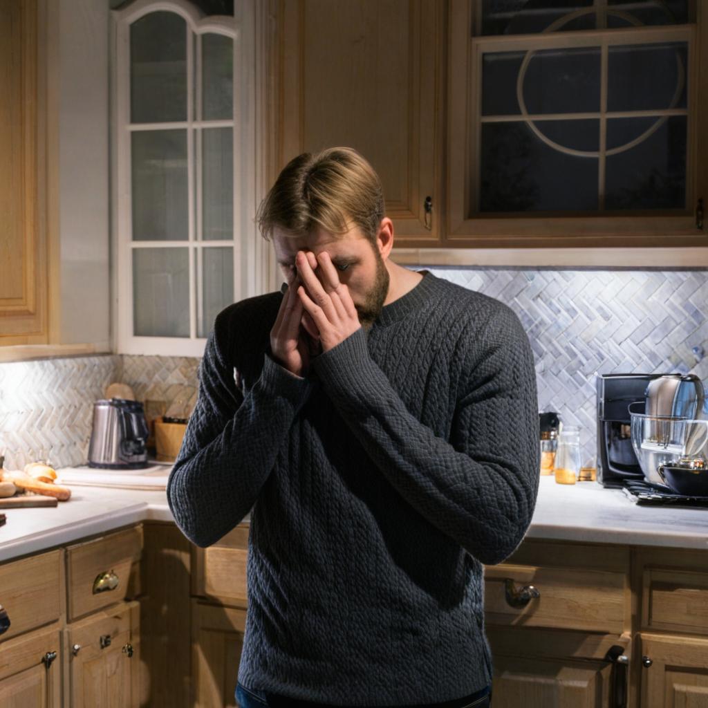 A man in a kitchen holding his hands to his face | Source: Midjourney