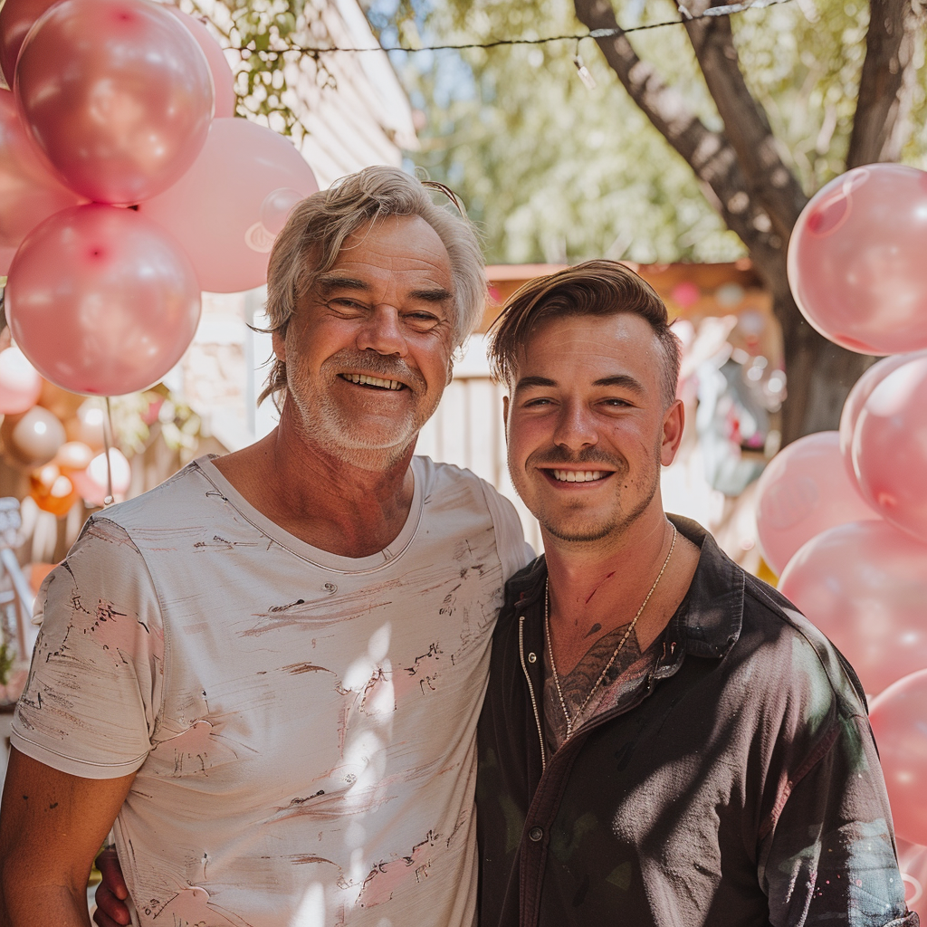 A smiling father-son duo at a gender reveal party | Source: Midjourney