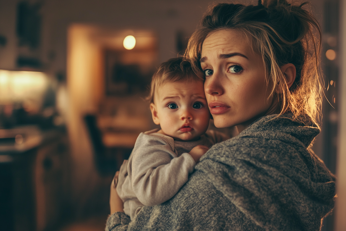 A woman holding her infant son | Source: Midjourney