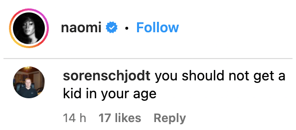 Comments about Naomi Campbell welcoming her second child. | Source: Instagram.com/Naomi