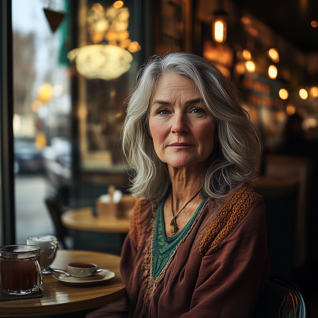 A senior woman sitting in a café | Source: Midjourney