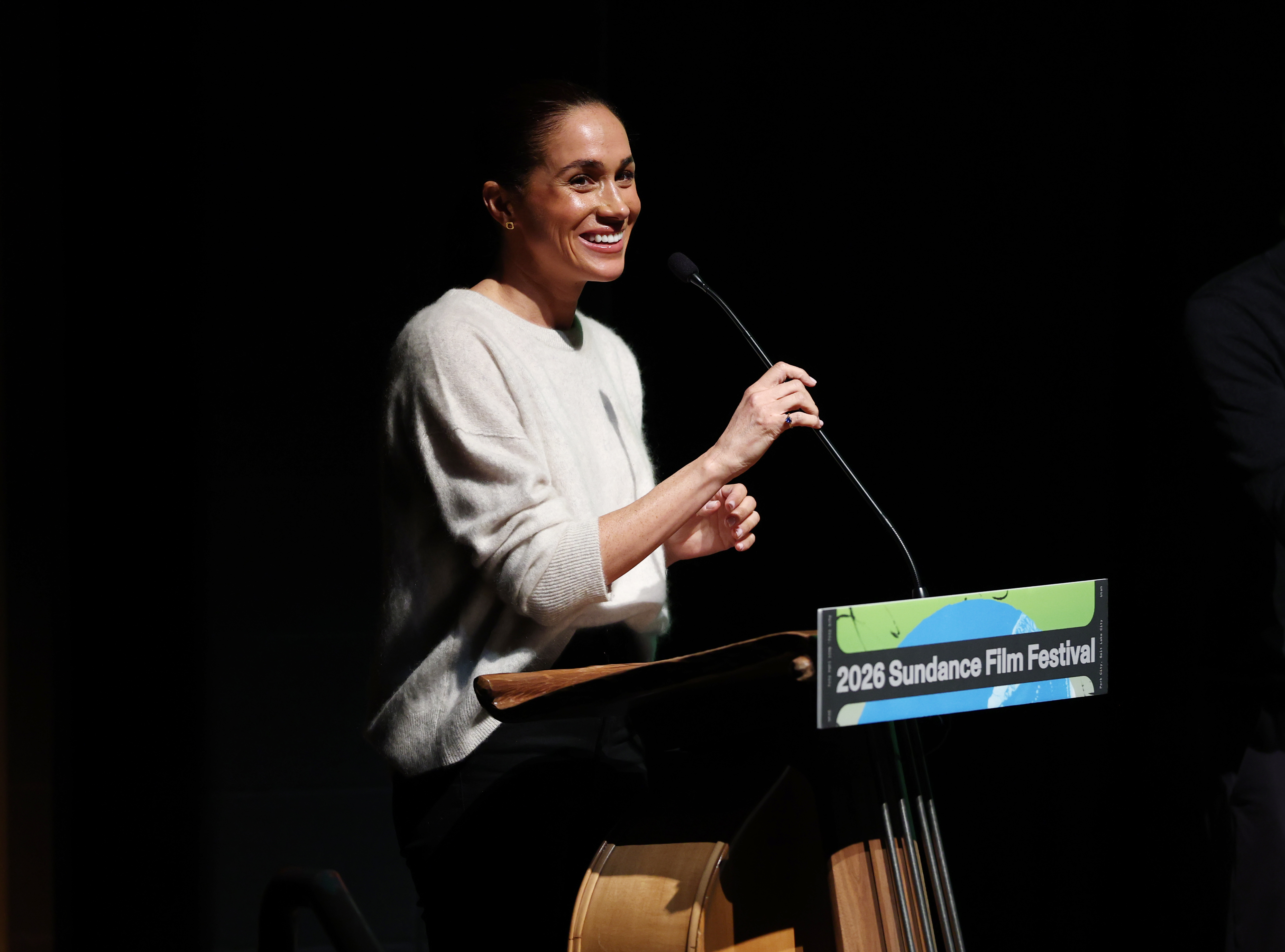 Meghan, Duchess of Sussex, speaks onstage at the "Cookie Queens" premiere during the 2026 Sundance Film Festival on January 25 in Park City, Utah. | Source: Getty Images