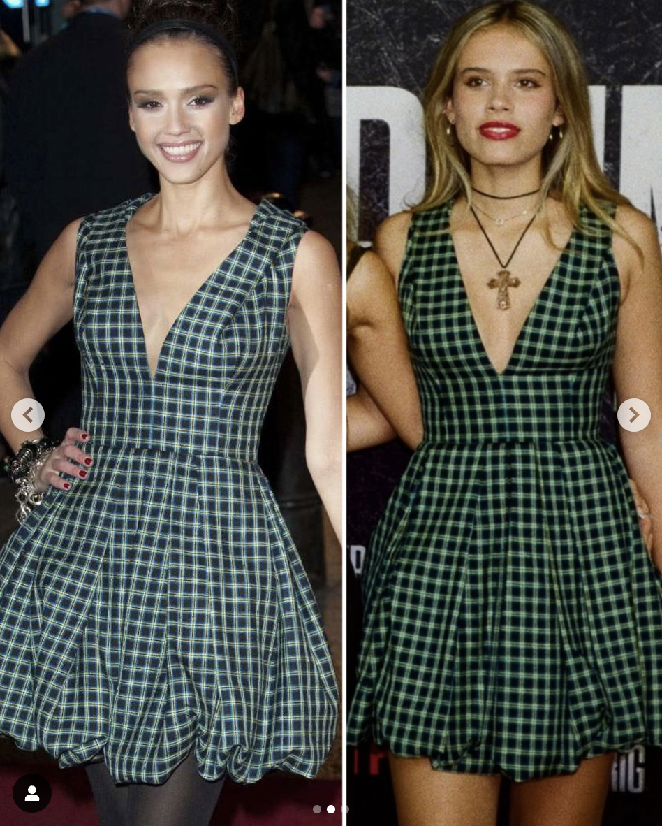 Jessica Alba in green gingham sleeveless minidress, 2007 | Honor in the same dress, 2024 | Source: Instagram/jessicaalba