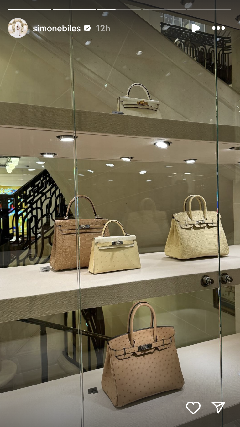 Simone Biles shares a glimpse of Hermés bags in various sizes displayed inside a glass shelf, posted in August 2024 | Source: Instagram.com/simonebiles