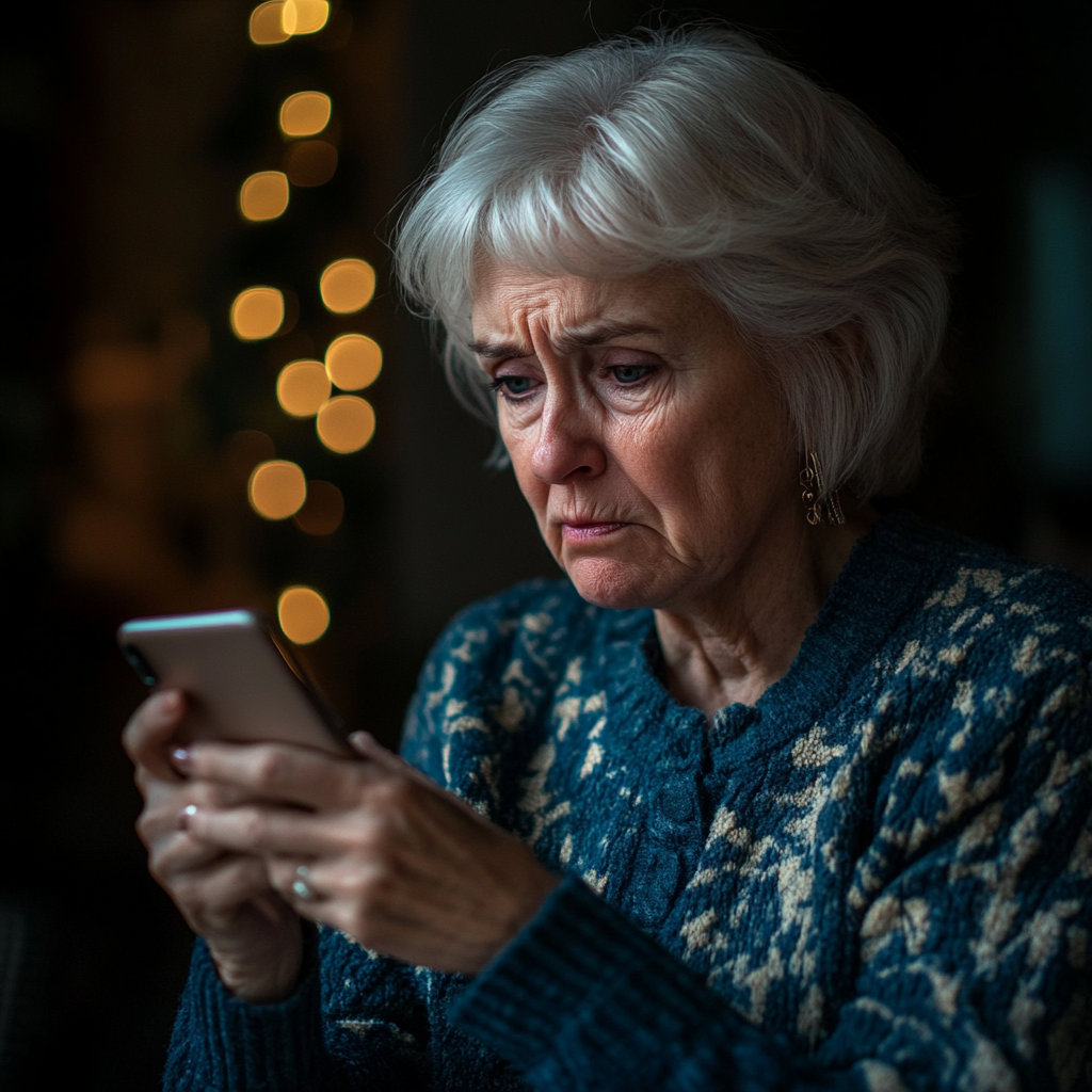 An upset senior woman holding her phone | Source: Midjourney