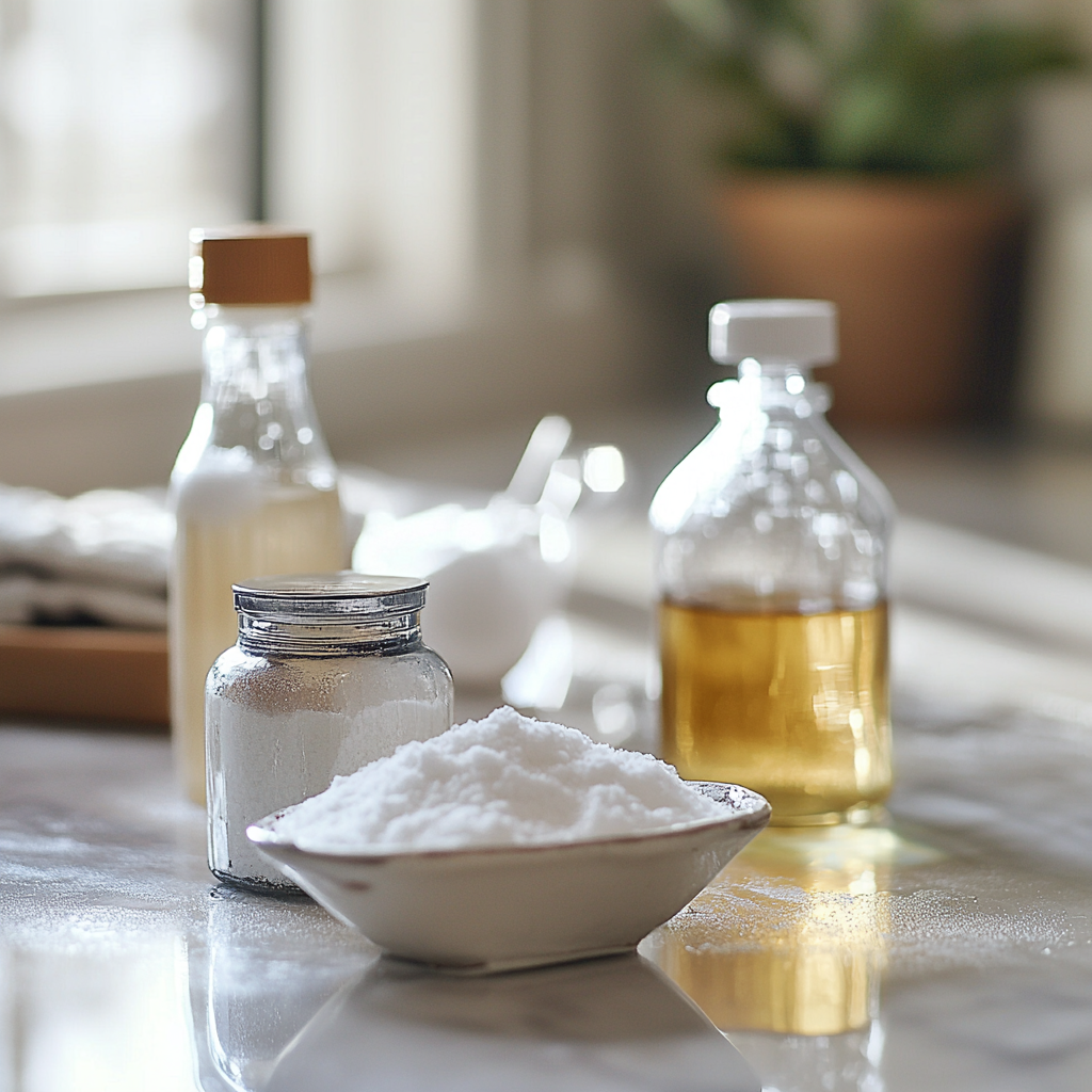 Different cleaning supplies on a counter | Source: Midjourney