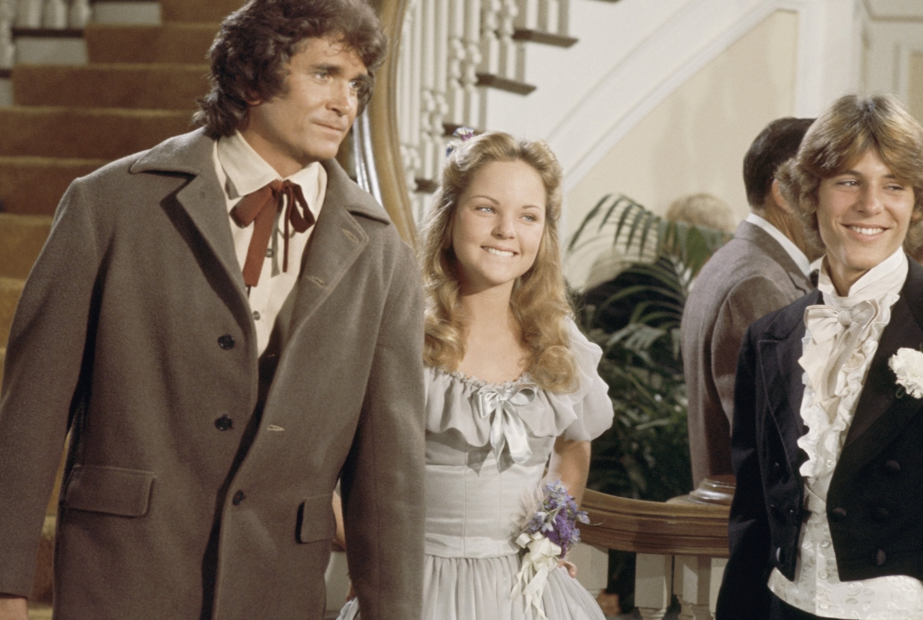Michael Landon as Charles Philip Ingalls, Melissa Sue Anderson as Mary Ingalls, and an unknown individual on "Little House on the Prairie," aired on November 1976. / Source: Getty Images