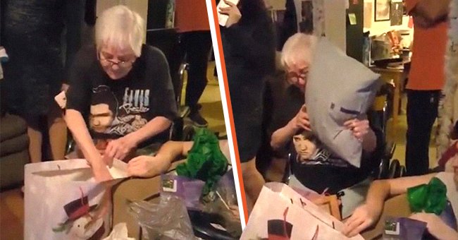 Ilse Webb reaching into a Christmas bag [left]; Ilse Webb taking a pillow out of a Christmas bag [right]. │Source: twitter.com/InsideEdition