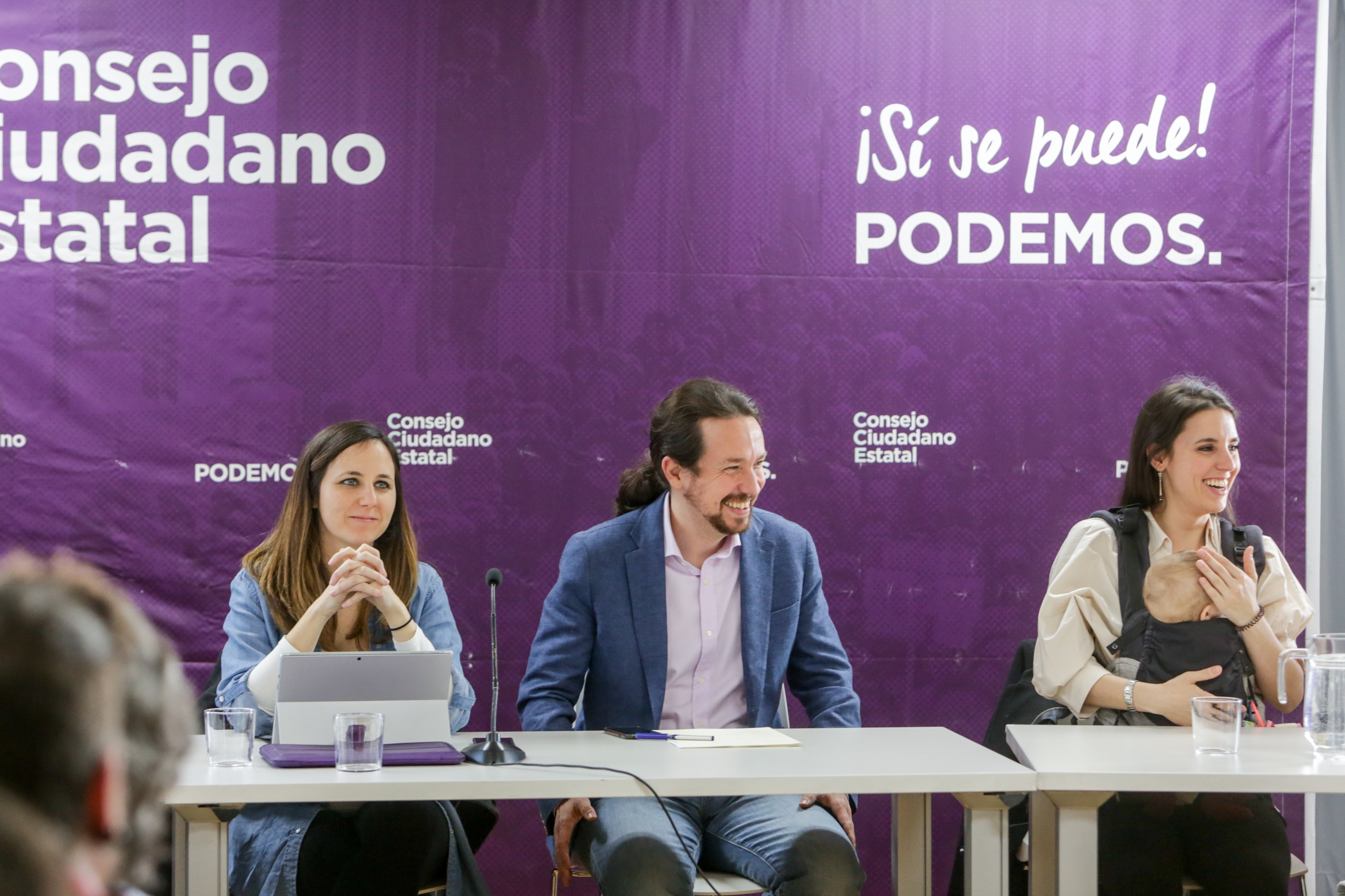 Ione Belarra, Pablo Iglesias e Irene Montero en el CCE de Podemos, Madrid, enero de 2020 | Foto: GettyImages