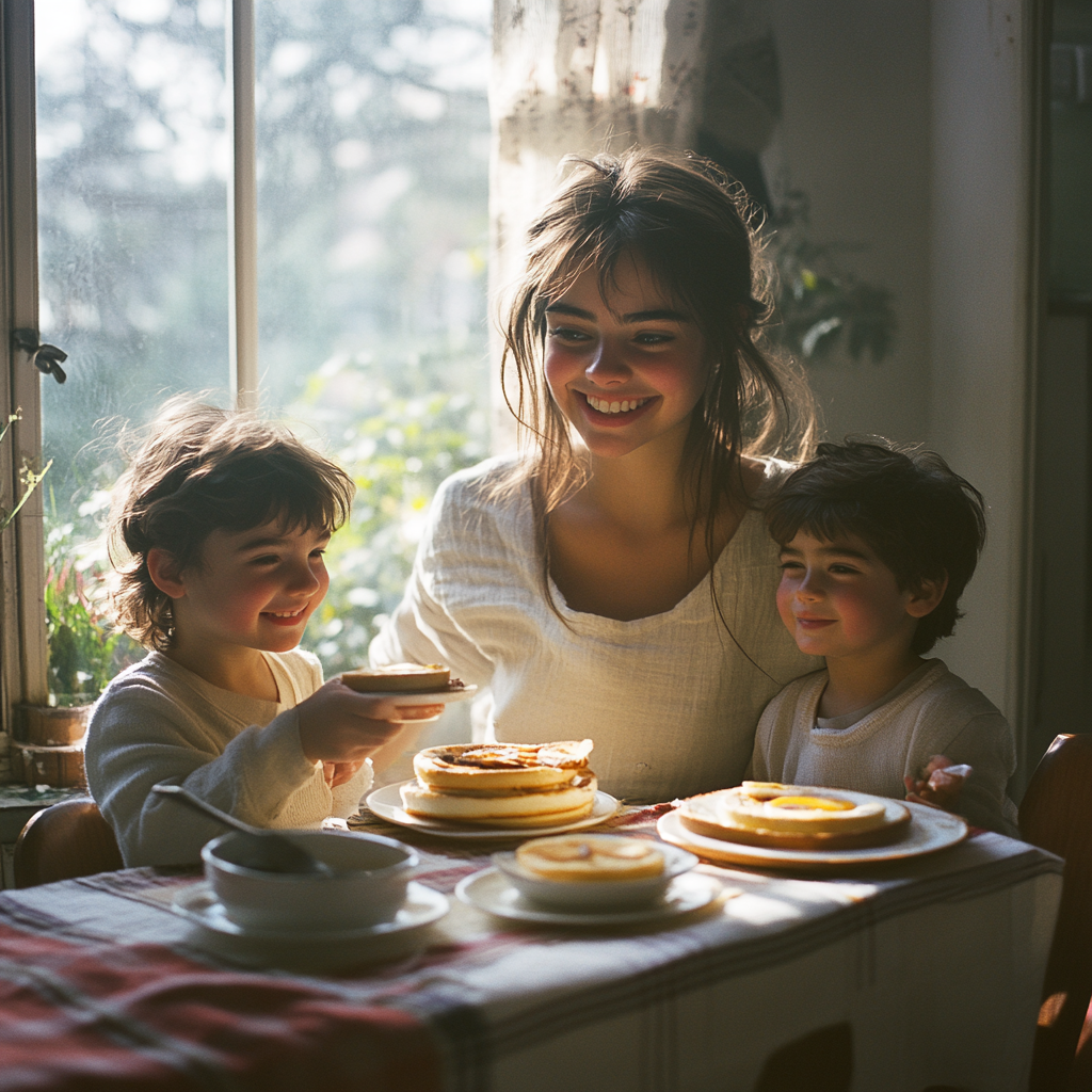 A woman sitting at a breakfast table | Source: Midjourney