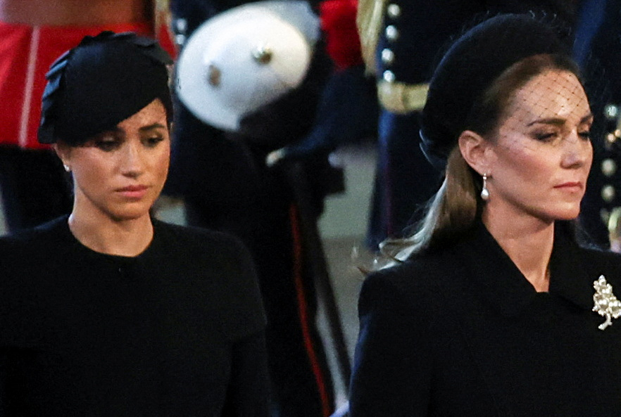 Meghan Markle and Princess Catherine at the State Funeral of Queen Elizabeth II at Westminster Abbey on September 19, 2022 in London, England | Source: Getty Images