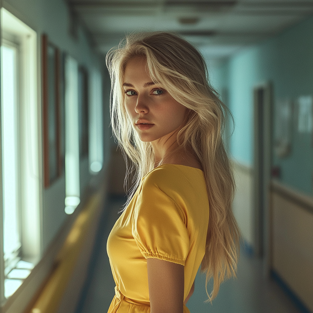 Uma mulher séria em um vestido amarelo | Fonte: Midjourney