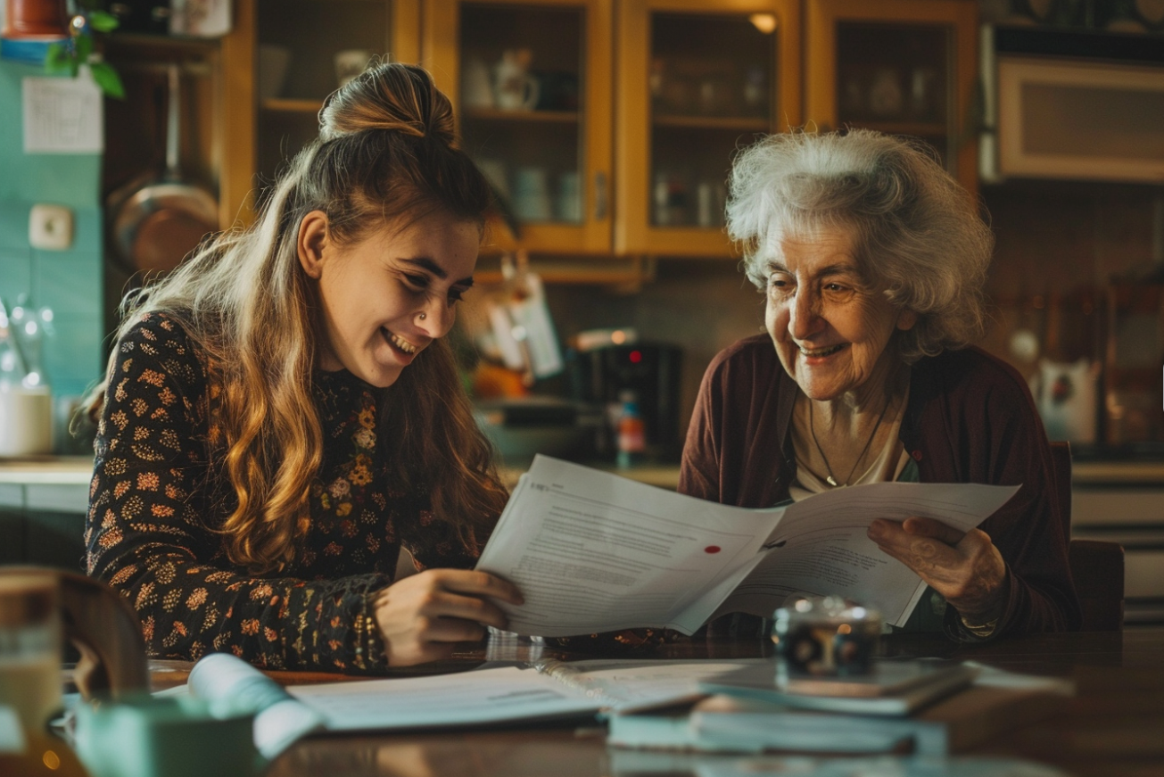 A happy elderly woman and her granddaughter discussing paperwork | Source: Midjourney