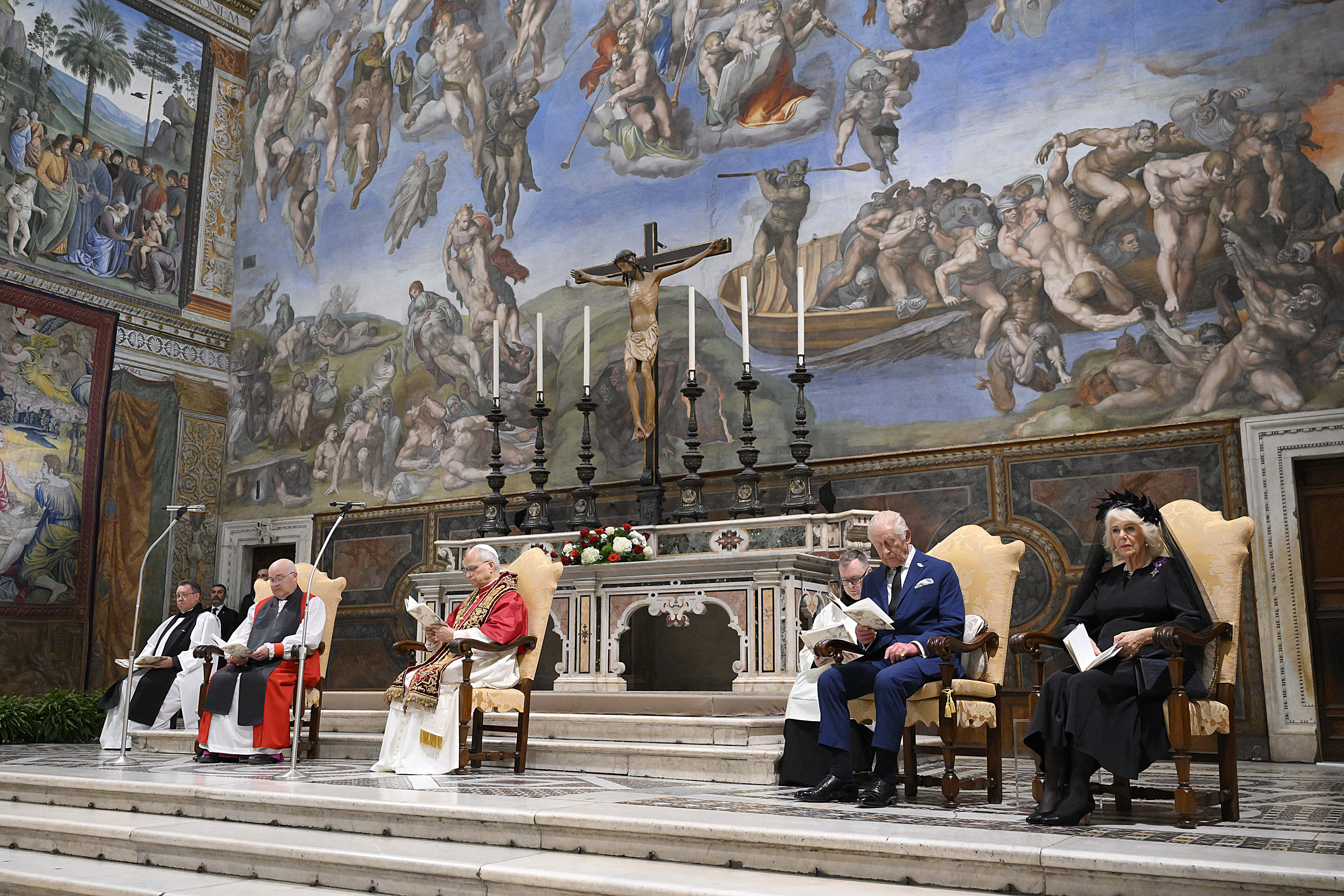 Pope Leo XVI, King Charles III and Queen Camilla attend a Prayer Service at the Sistine Chapel at the Apostolic Palace on October 23, 2025 | Source: Getty Images