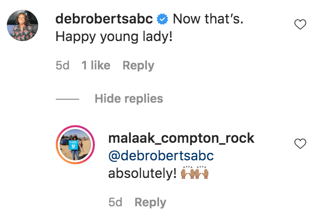 Deborah Roberts commented on photos of Zahra Rock holding up ribbons after and equestrian competition | Source: Instagram.com/malaak_compton_rock