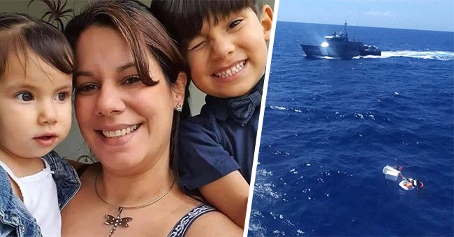 Mariely Chacón and her two children [left]; A cruise ship out at sea [right]. | Source: twitter.com/balleralert twitter.com/inea_venezuela
