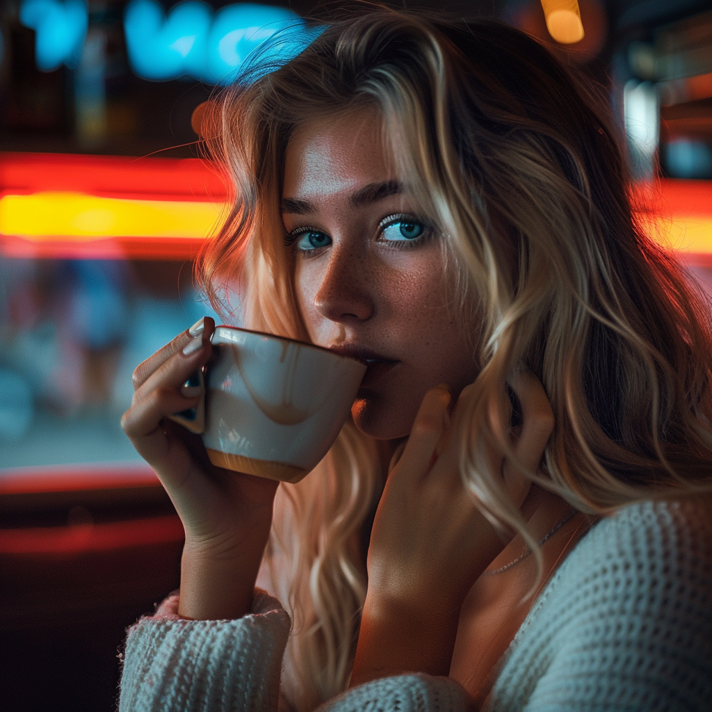 Woman drinking coffee | Source: Midjourney