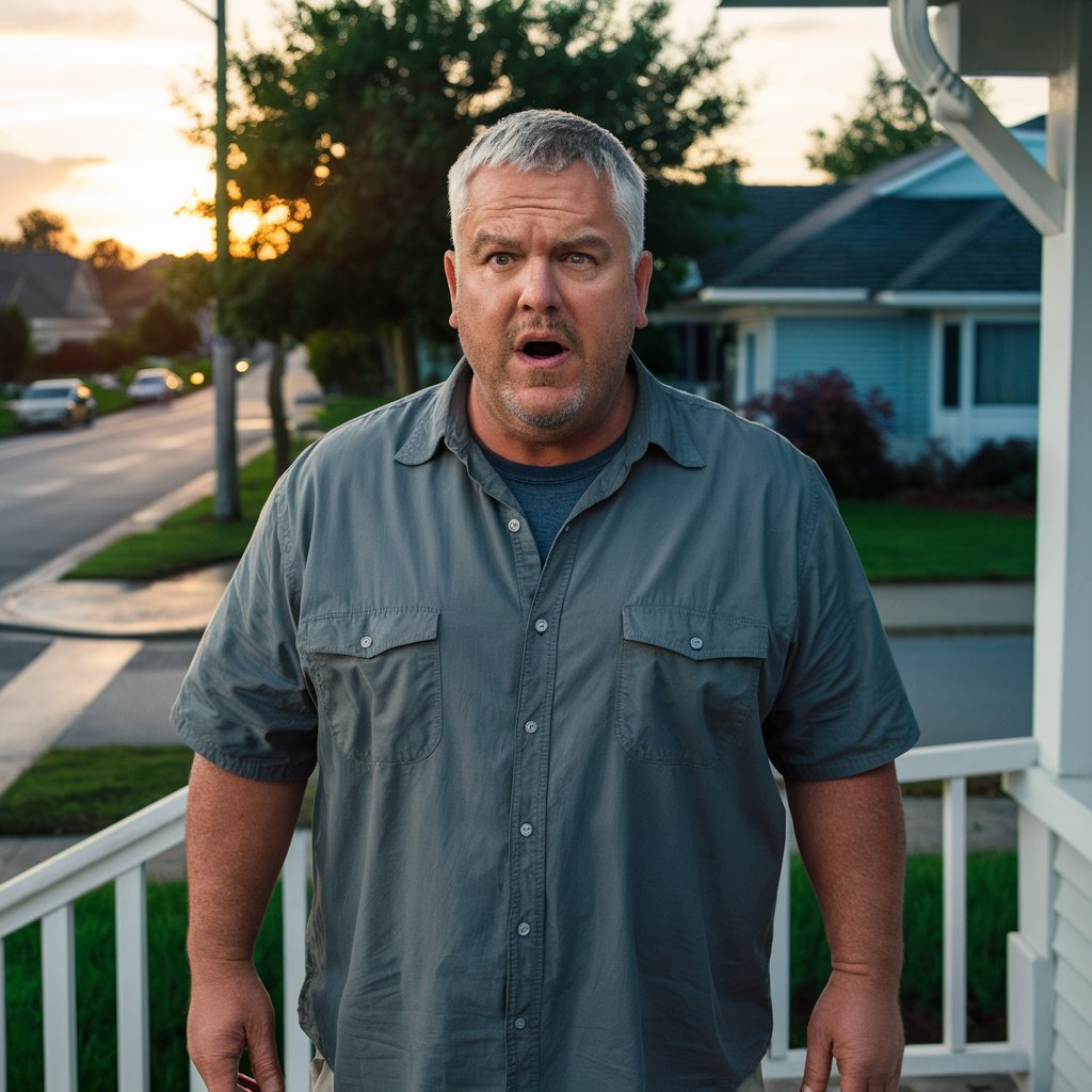 A man standing on a front porch, reacting with surprise | Source: Midjourney