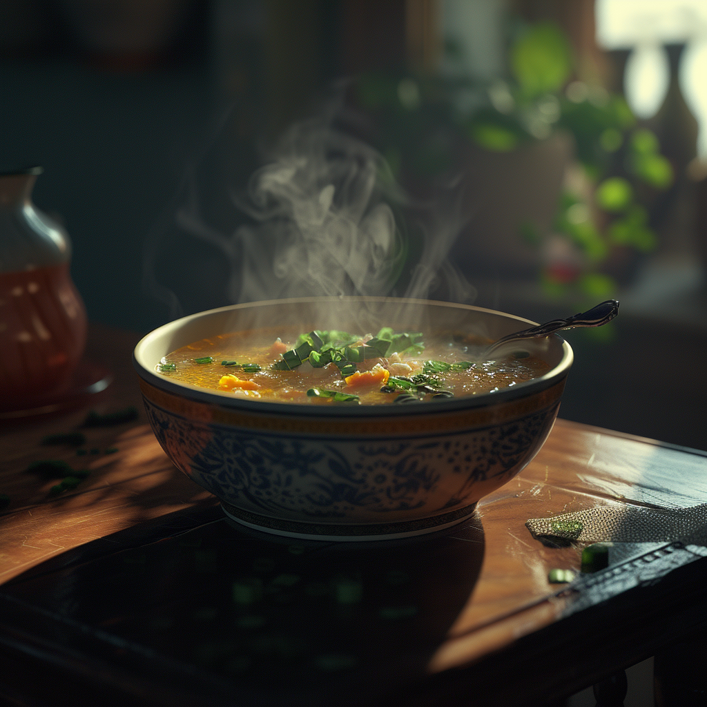 A bowl of soup on a table | Source: Midjourney