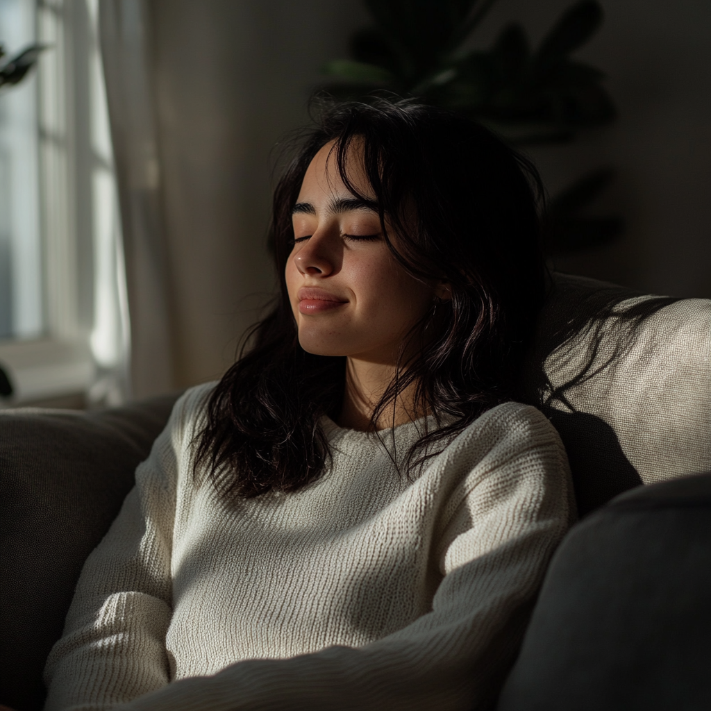 A woman sitting on a couch | Source: Midjourney