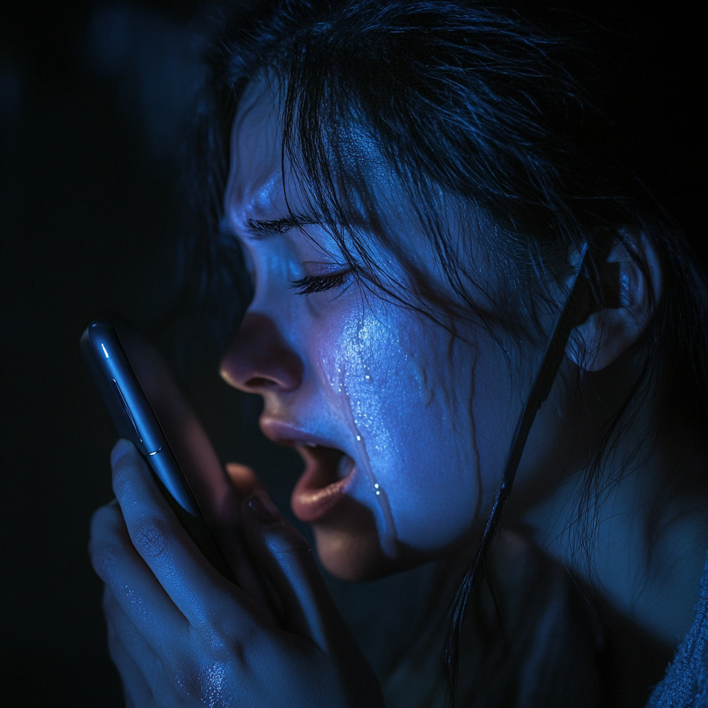 A crying woman whispering into her phone | Source: Midjourney