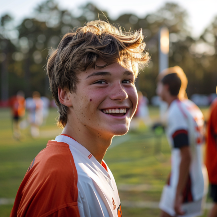 A smiling teenage boy on the football field | Source: Midjourney