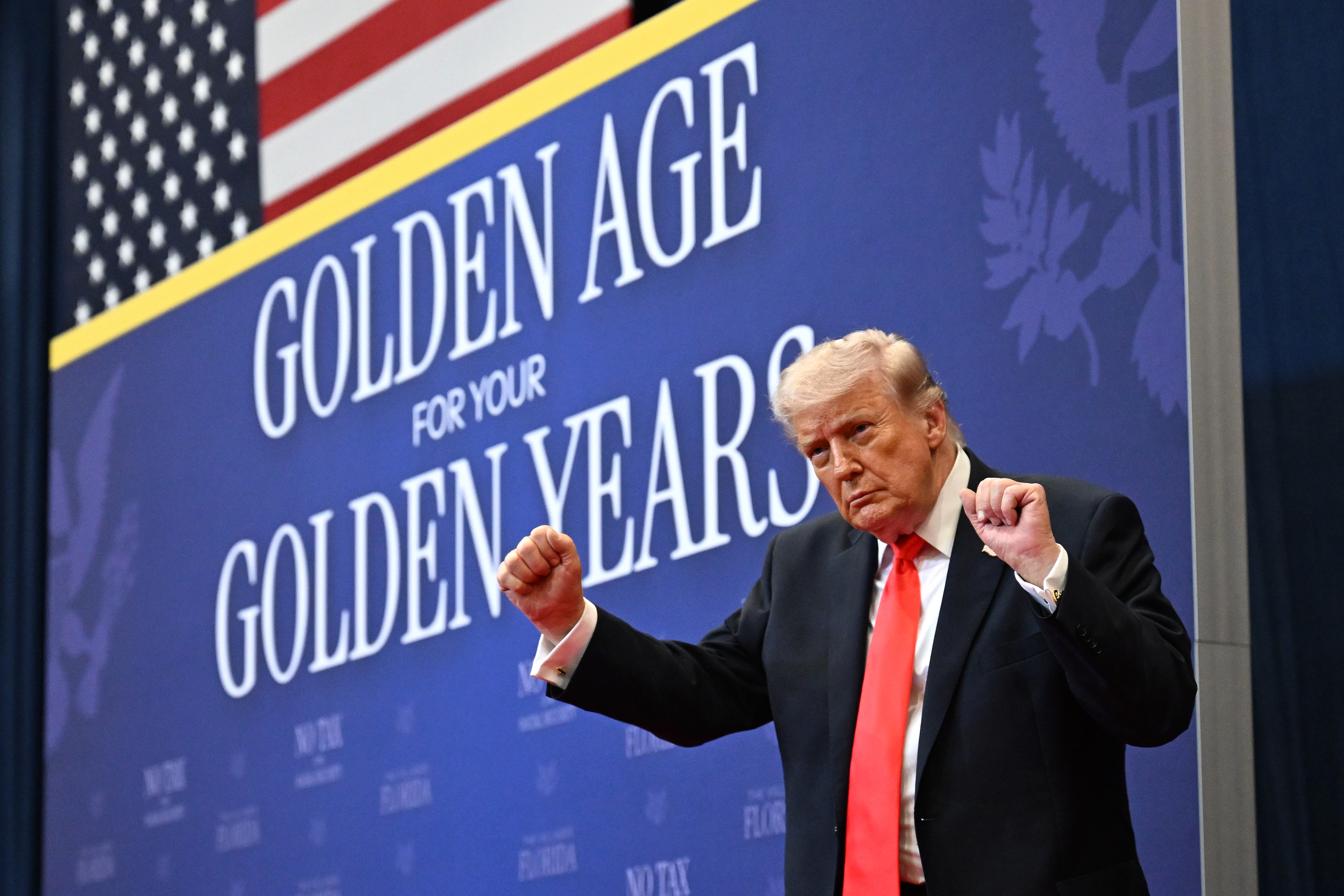 Donald Trump dances on stage after delivering remarks at The Villages Charter School on May 1, 2026 in The Villages, Florida | Source: Getty Images