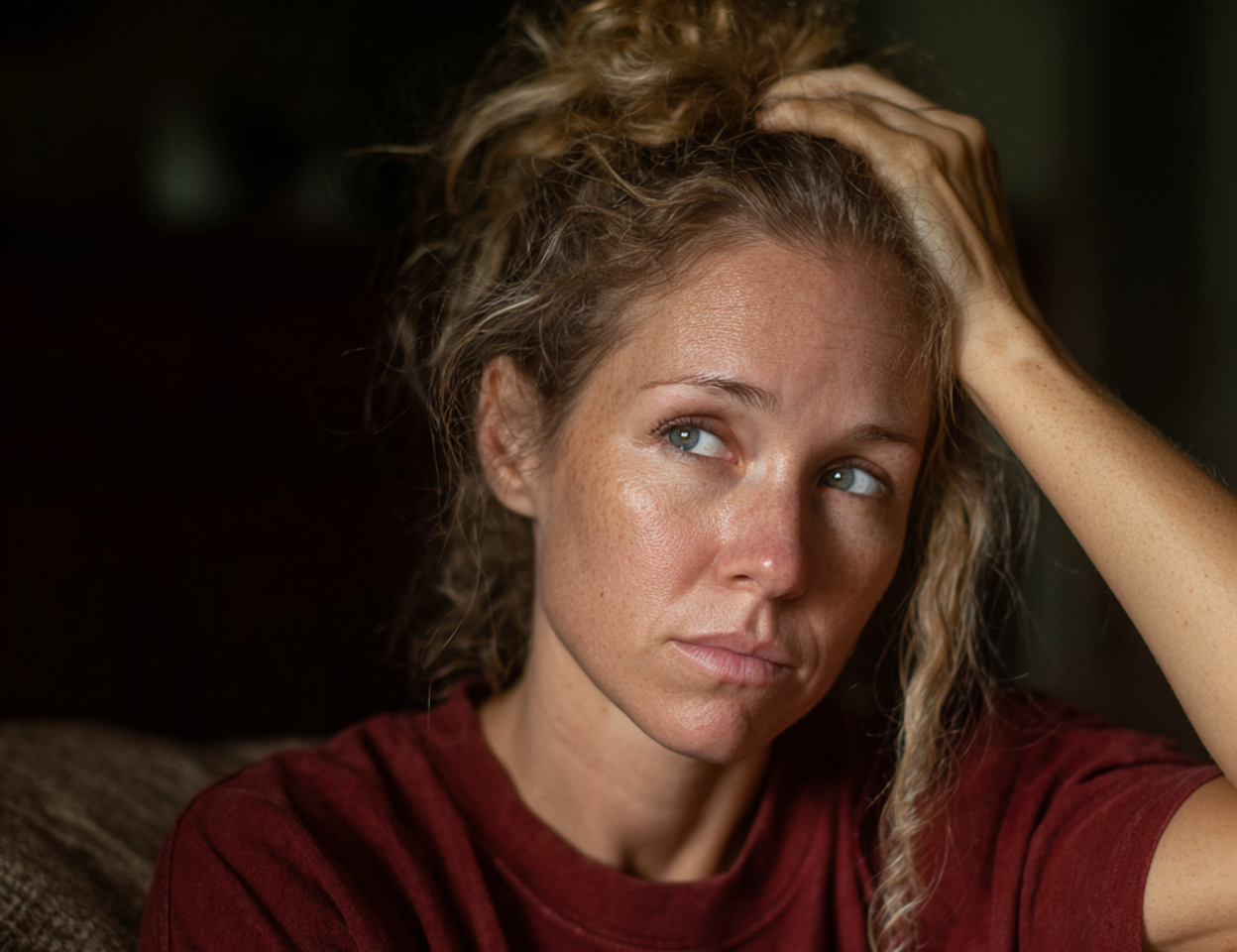 A woman with her hand on her head | Source: Midjourney