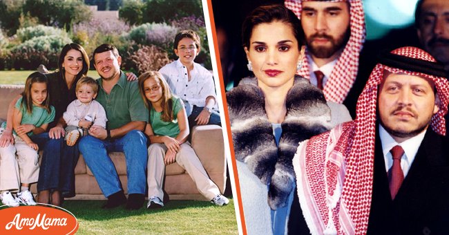 King Abdullah II and Queen Rania with their children Princes Hussein and Hashem and Princesses Iman and Salma for their 2007 New Year card [left], The King Abdullah II and Queen Rania in Paris on November 15, 1999 [right] | Source: Getty Images