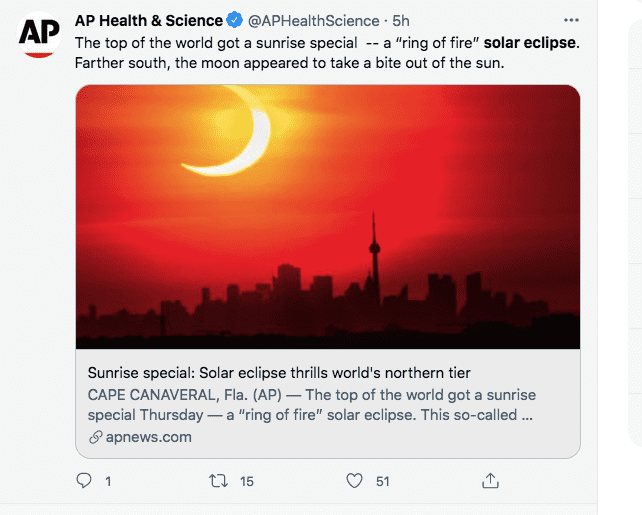 A screenshot of a solar eclipse | Photo: twitter.com/AP Health & Science 