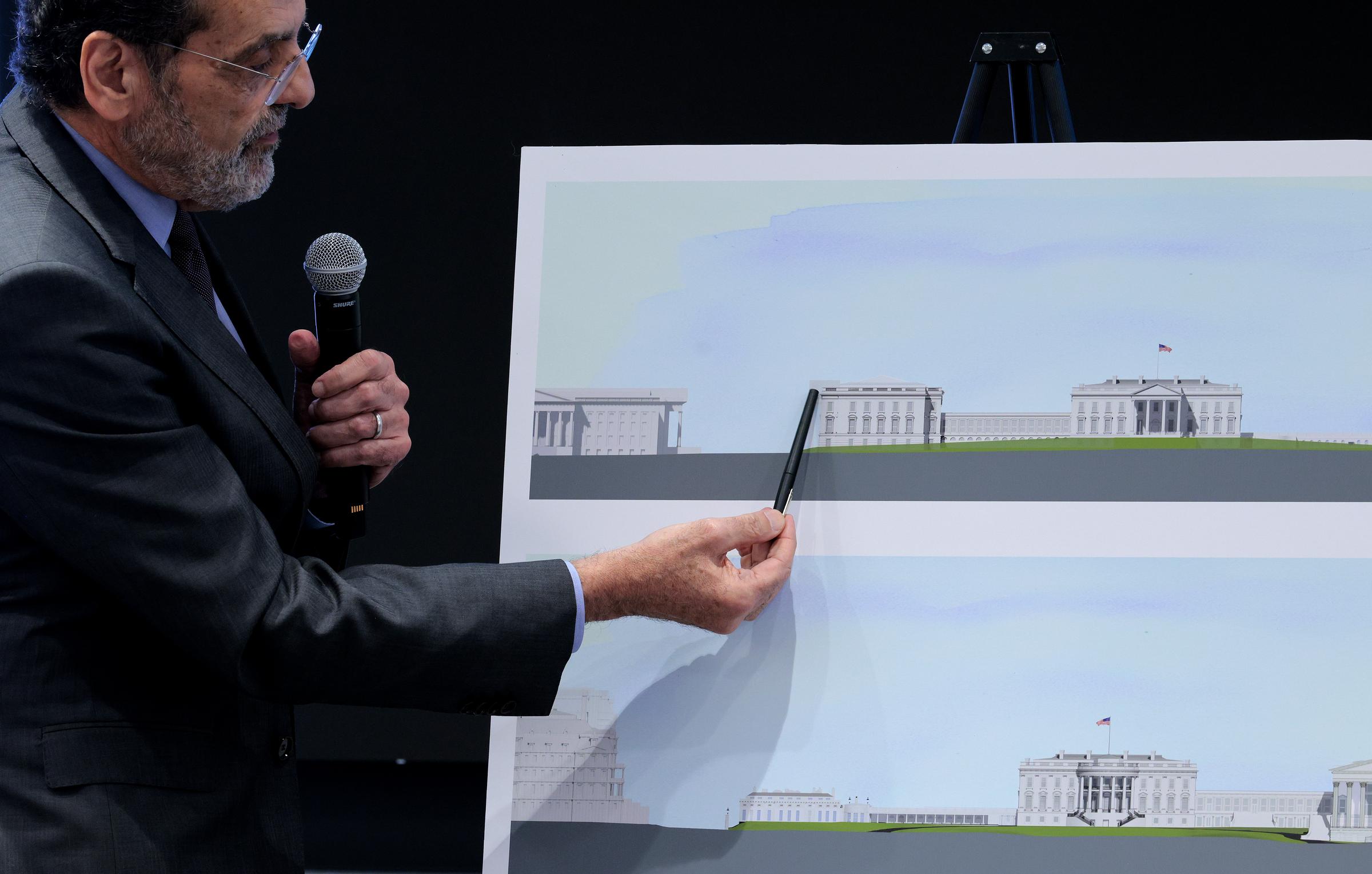 Architect Shalom Baranes shows elevation drawings for a new $400 million White House ballroom to members of the National Capital Planning Commission on January 8, 2026, in Washington, DC. | Source: Getty Images